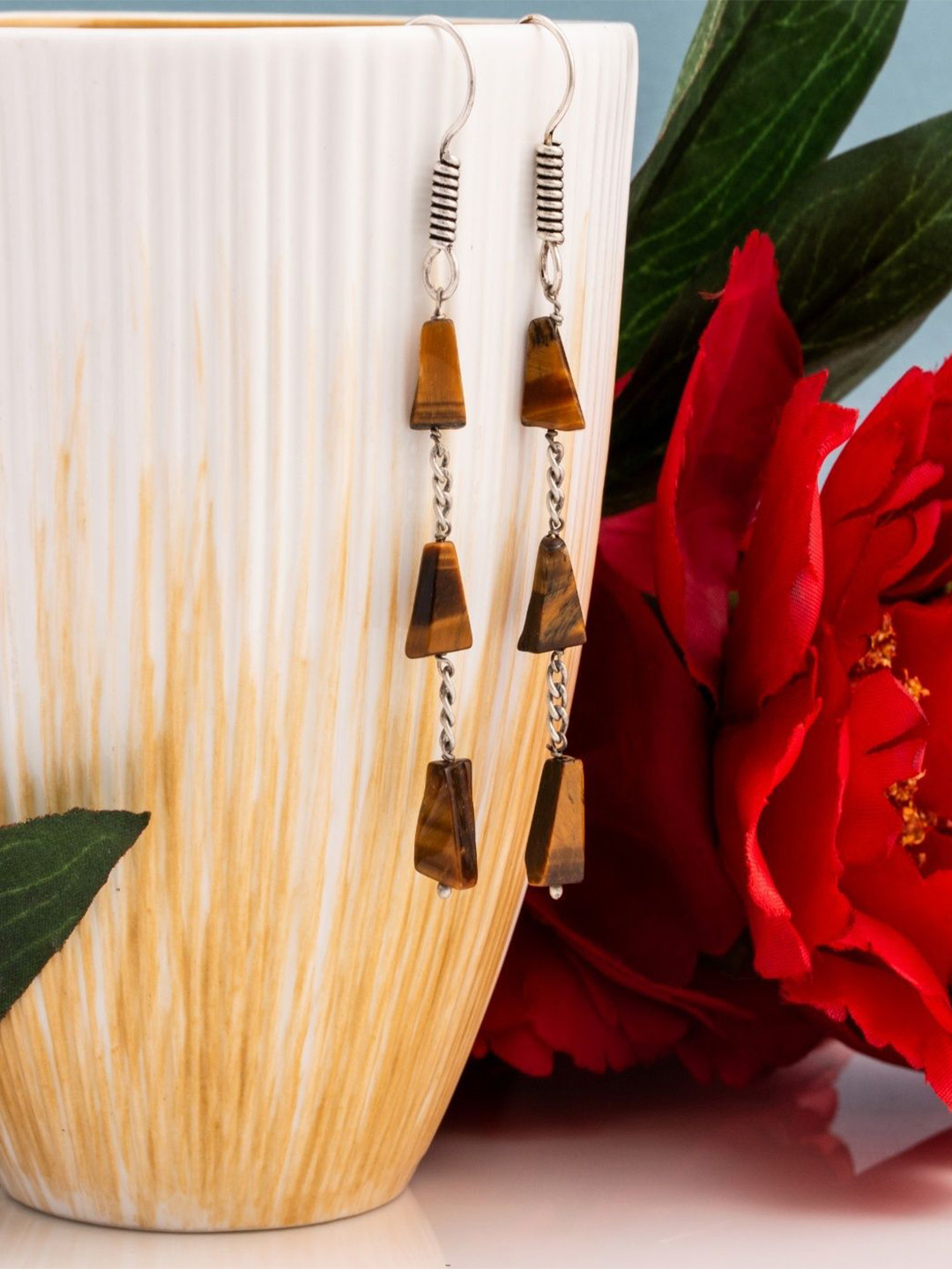 Shrim jewels Tiger Eye Gemstones Beaded Oxidised Geometric Shaped Drop Earrings