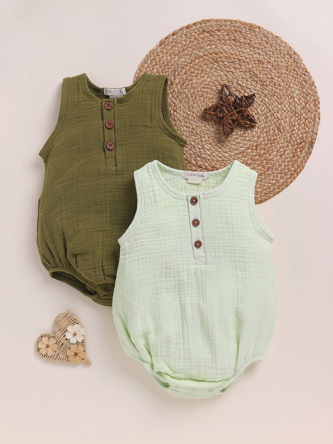 COT & CANDY Girls Pack Of 2 Organic Cotton Sleeveless Rompers