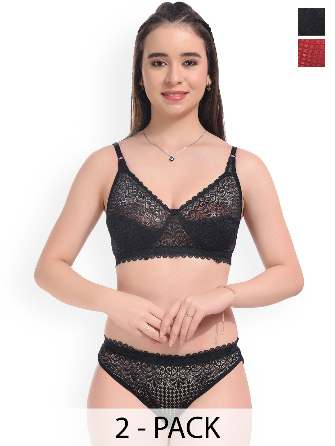 DHANDAI FASHION Pack Of 2 Self Design Lingerie Sets Decent Set-Black Maroon (M-2-2P)