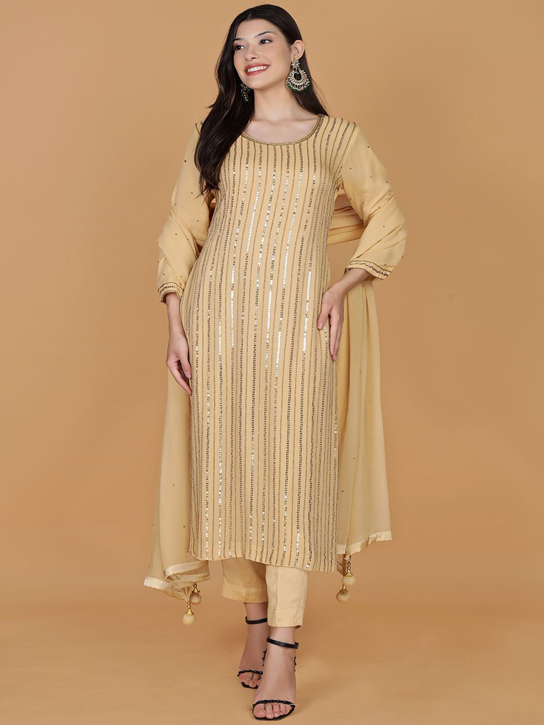 MILU MADAN Striped Sequnnied Georgette A-Line Kurta With Trousers & Dupatta