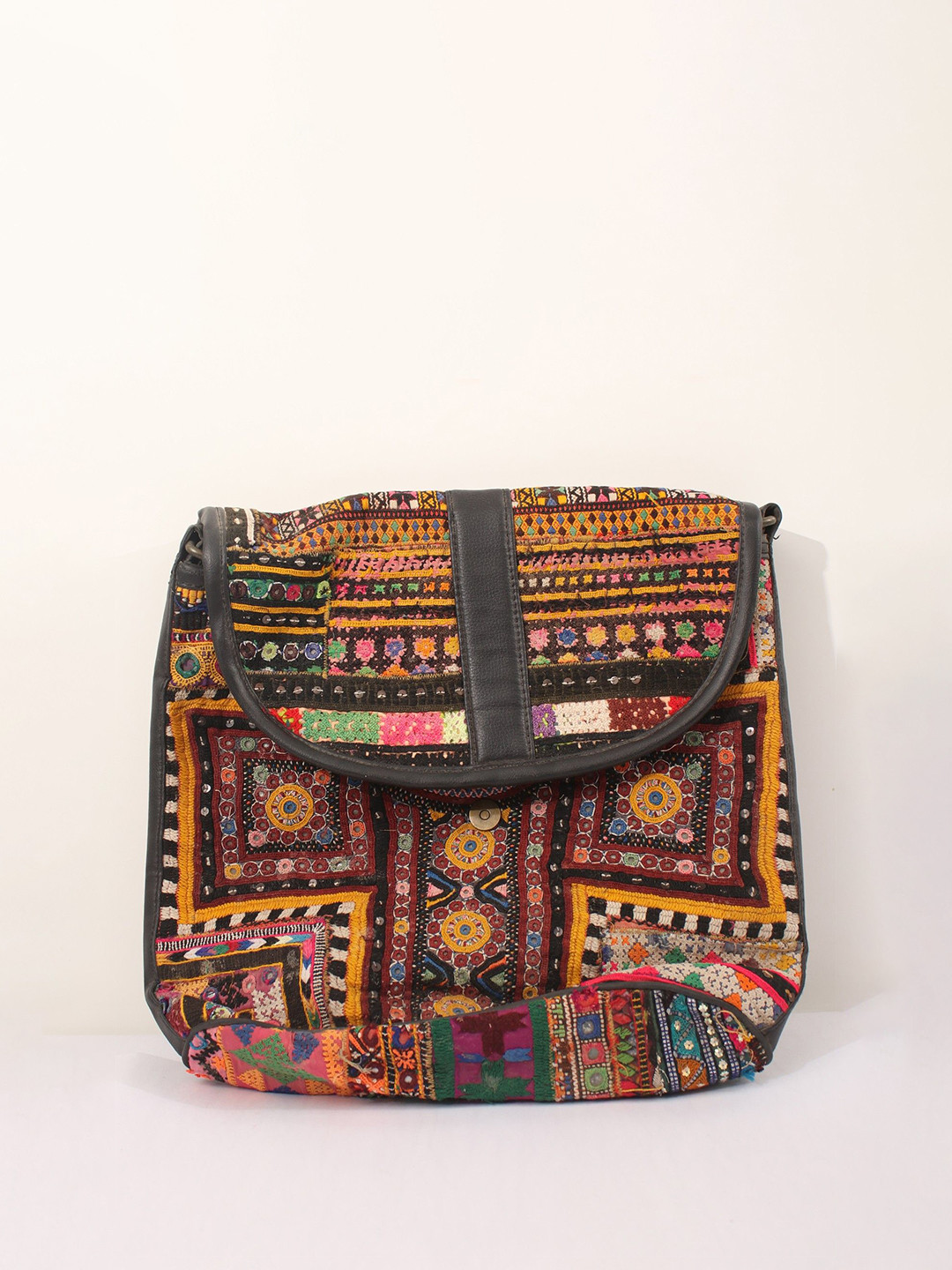 Exotic India Ethnic Motifs Rabari Embroidery Leather Structured Shoulder Bag