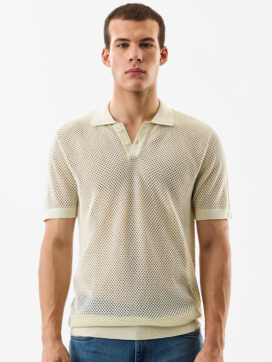Snitch Crochet Polo Collar Slim Fit Pure Cotton T-Shirt