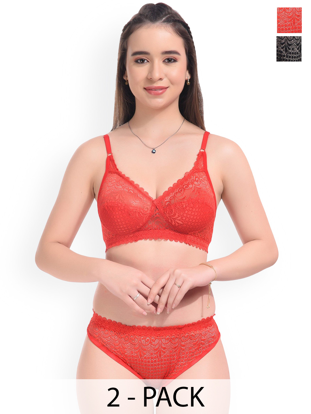 DHANDAI FASHION Pack Of 2 Self Design Lingerie Sets Decent Set-Black Red (M-2-2P)