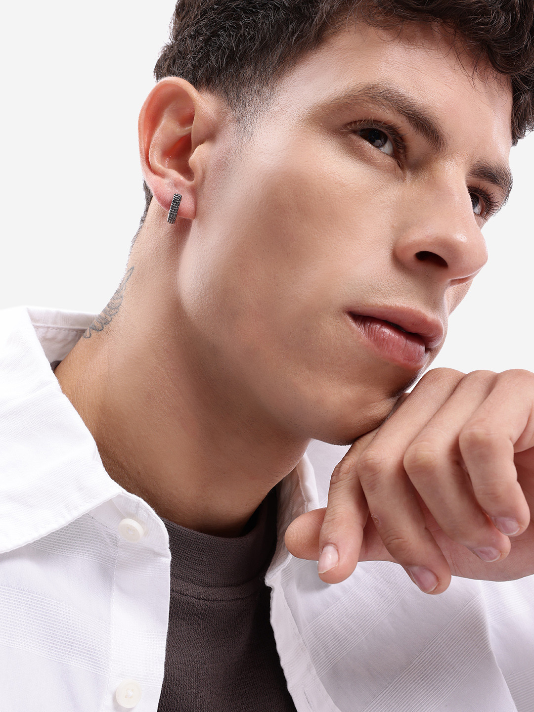 The Roadster Lifestyle Co. Men Silver Plated Oxidised Rectangle Half Hoop Earring