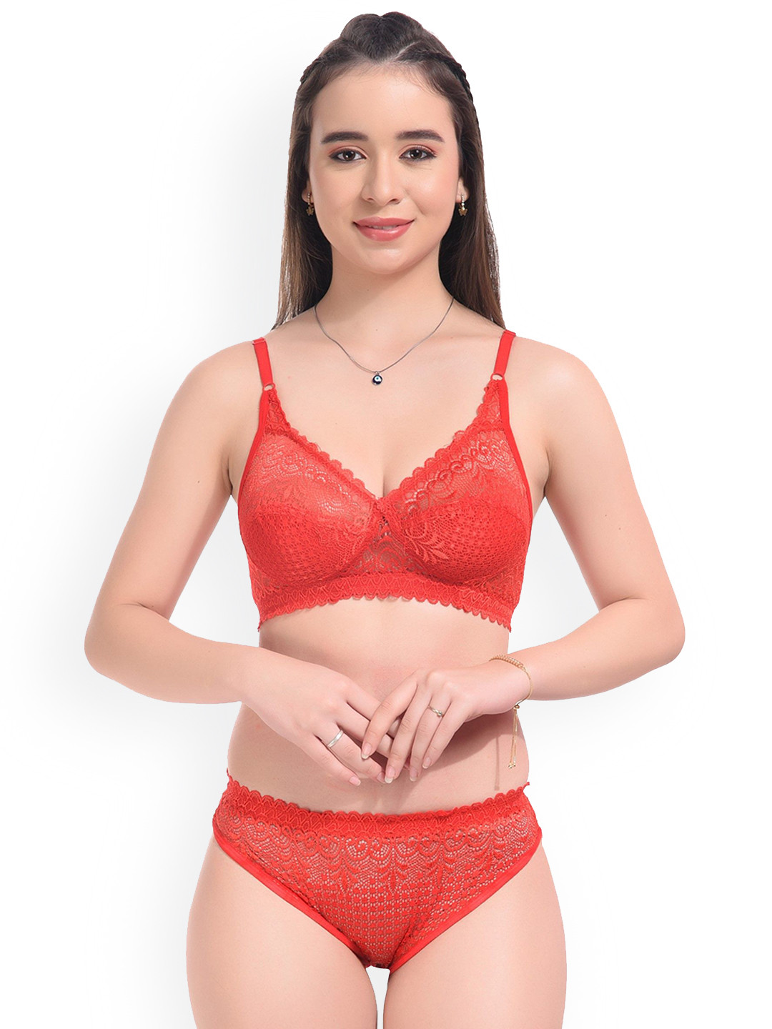 DHANDAI FASHION Self Design Non Padded Lingerie Set Decent Set-Red (M-2-1P)