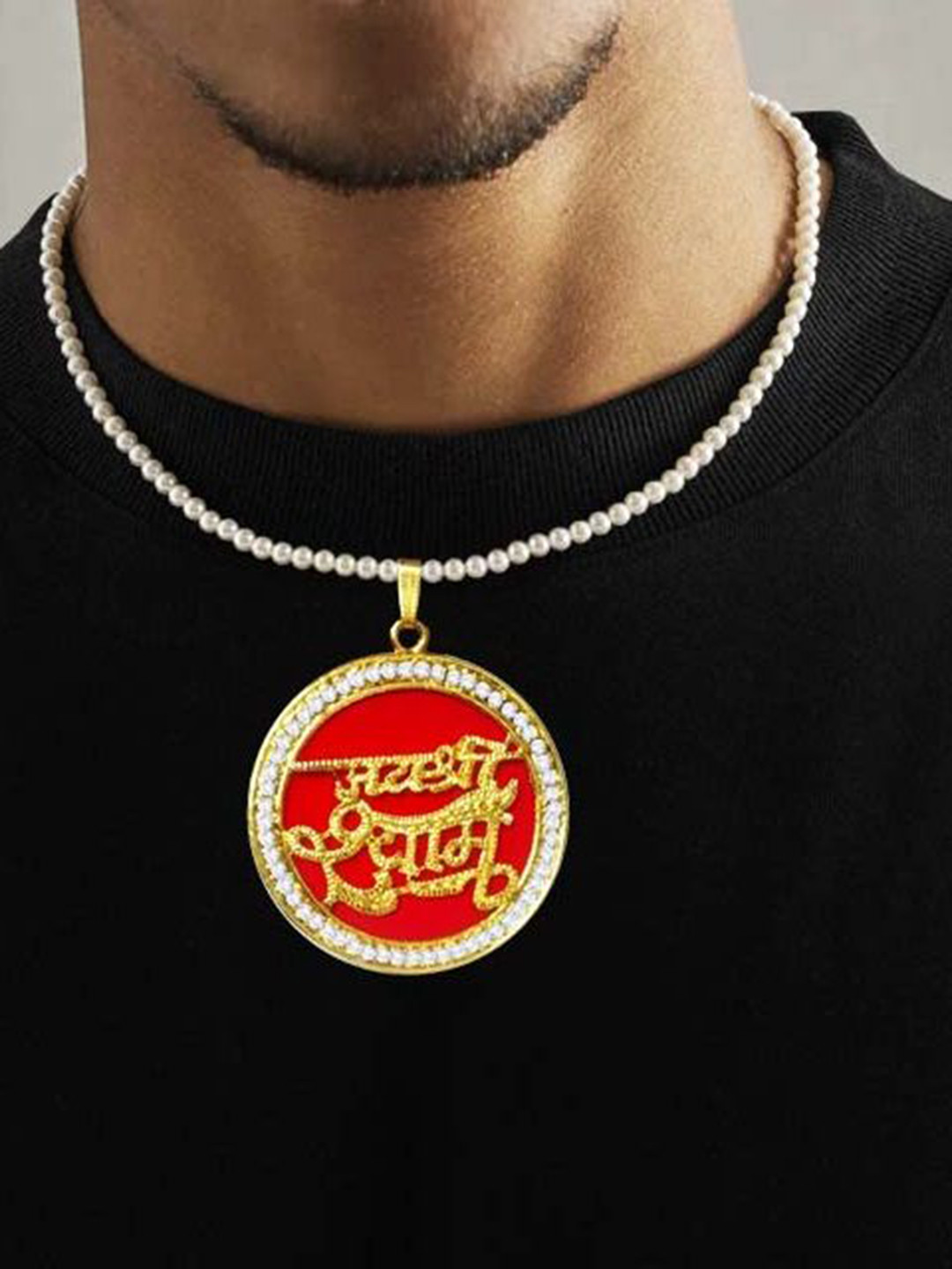 Utkarsh Khatu Shyam Stainless Steel Stones Studded & Beaded Circular Shaped Pendant