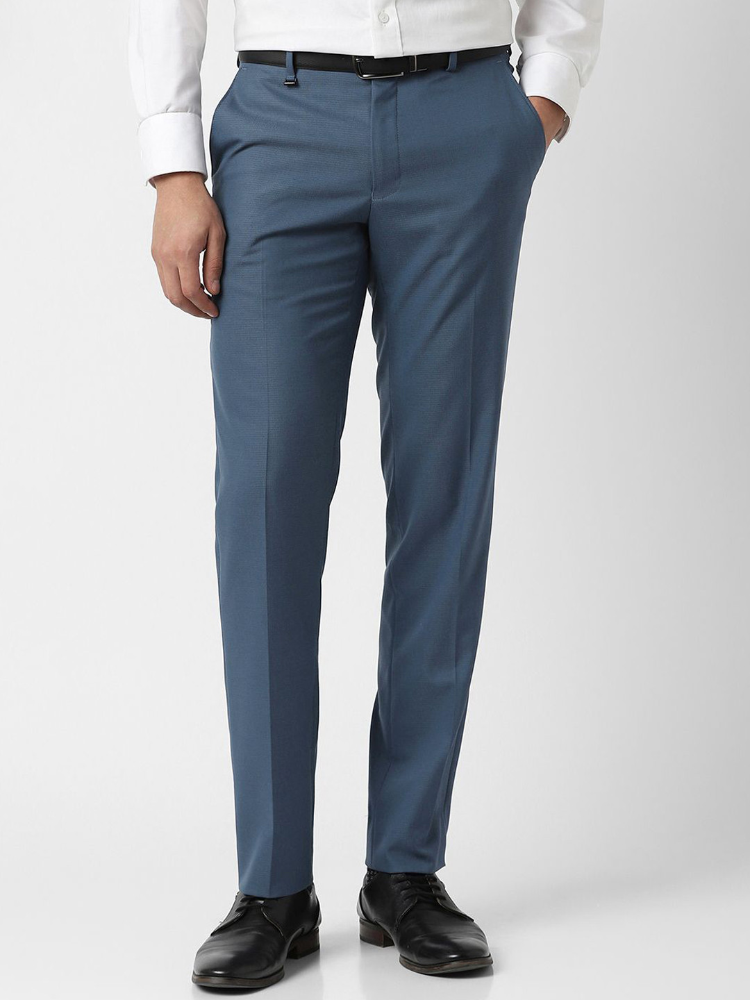 Van Heusen Men Solid Self Design Slim Fit Mid-Rise Flat-Front Formal Trousers