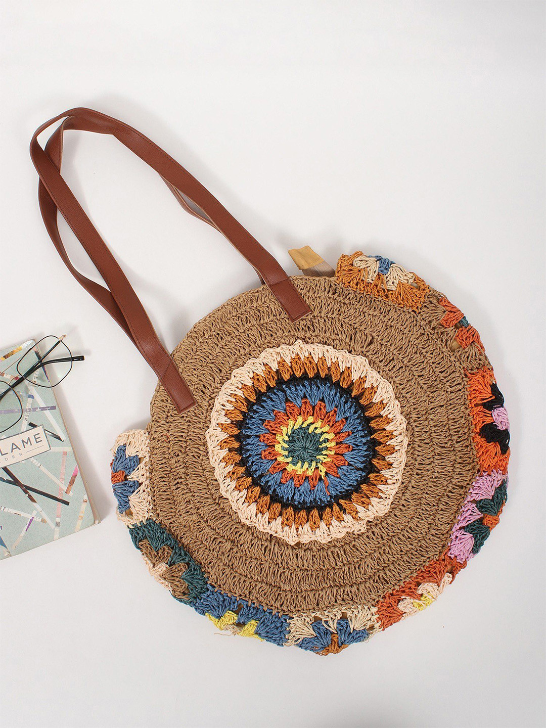 Exotic India Self Design Thread Work Round Straw Jute Shoulder Bag