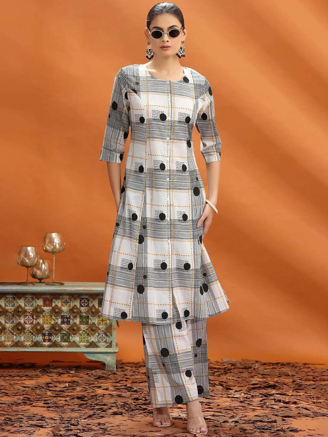 COTTON CULTURE Women Off White & Black Jaipuri Cotton Printed A Line Kurta and Pant Set