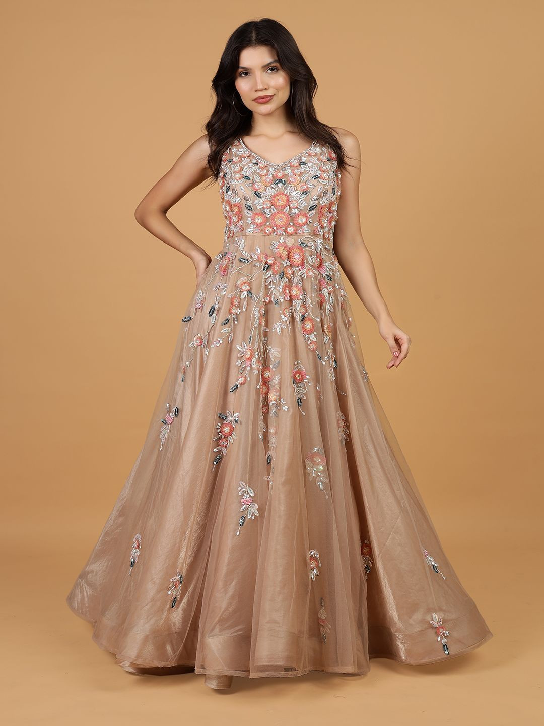 MILU MADAN Women Floral Embroidered Maxi Ethnic Dress