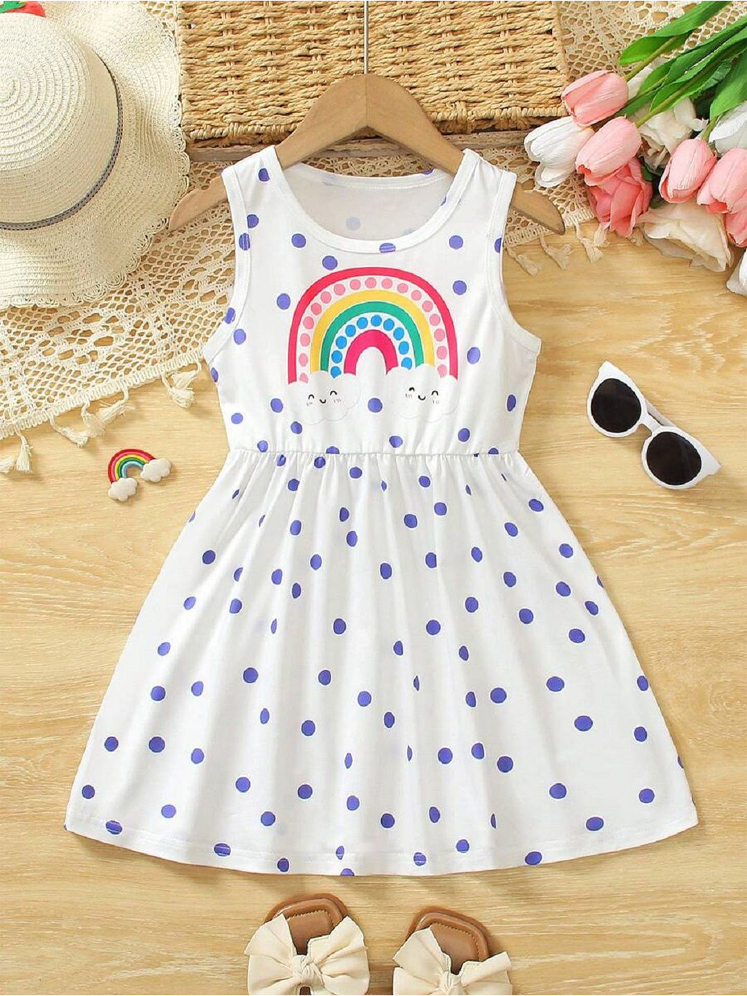 BAESD SHEEEN142 Girls Polka Dots Printed Sleeveless Fit & Flare Dress