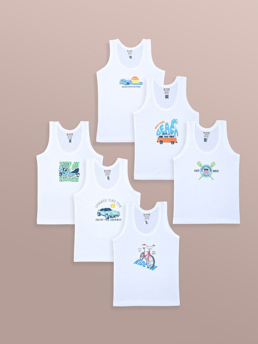 Revvo Junior Boys Pack Of 6 Printed  Cotton Basic Vests RJV-101