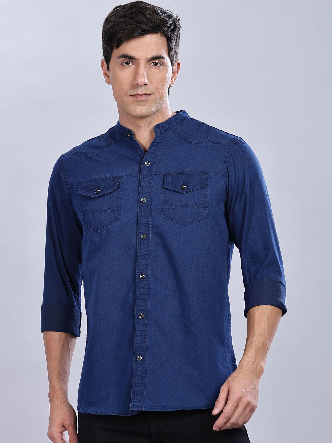 7TH LEGION Mandarin Collar Smart Denim Cotton Casual Shirt
