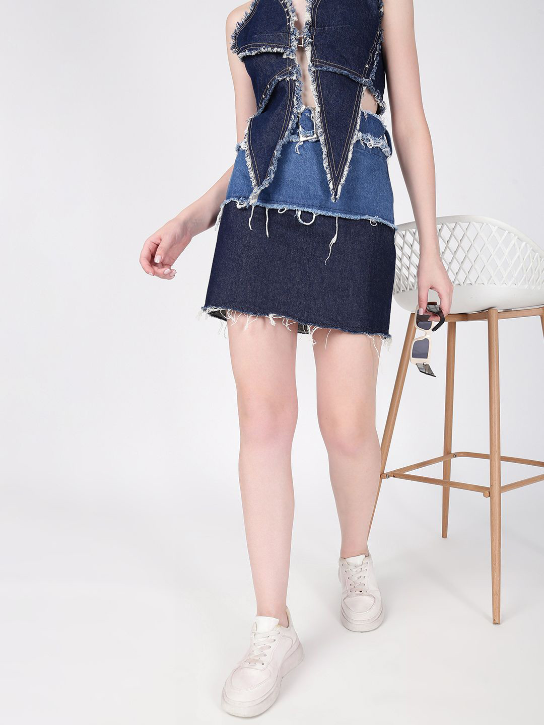 URA STREET Colour Block Pure Cotton Straight Mini Skirt