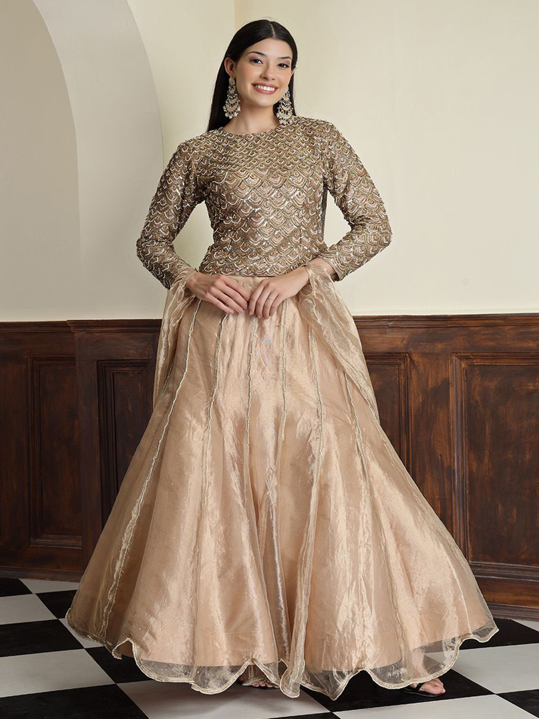 MILU MADAN Embroidered Tissue Ready to Wear Lehenga & Blouse With Dupatta
