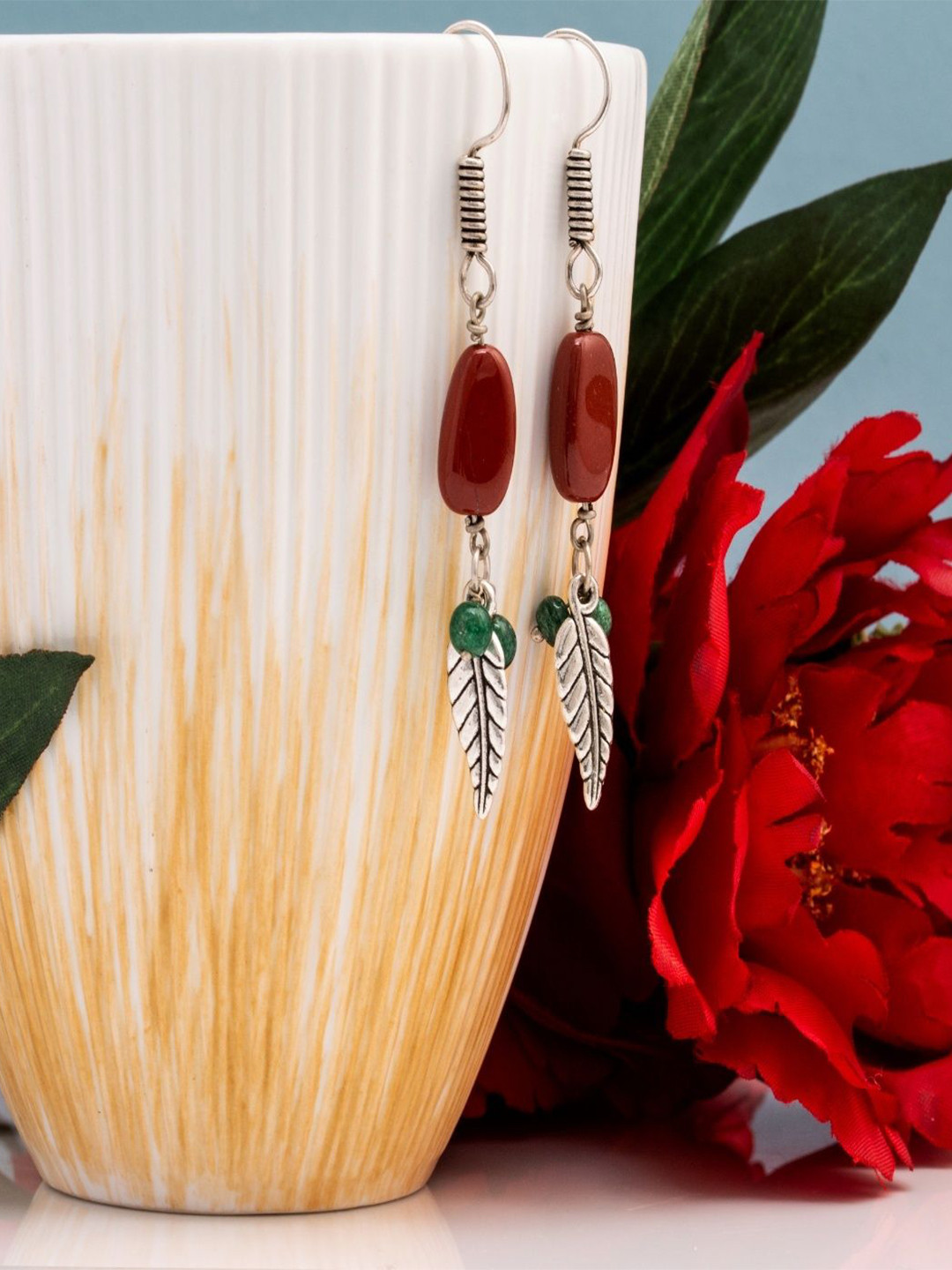 Shrim jewels Red Jasper & Green Aventurine Beads Oxidised Contemporary Drop Earrings