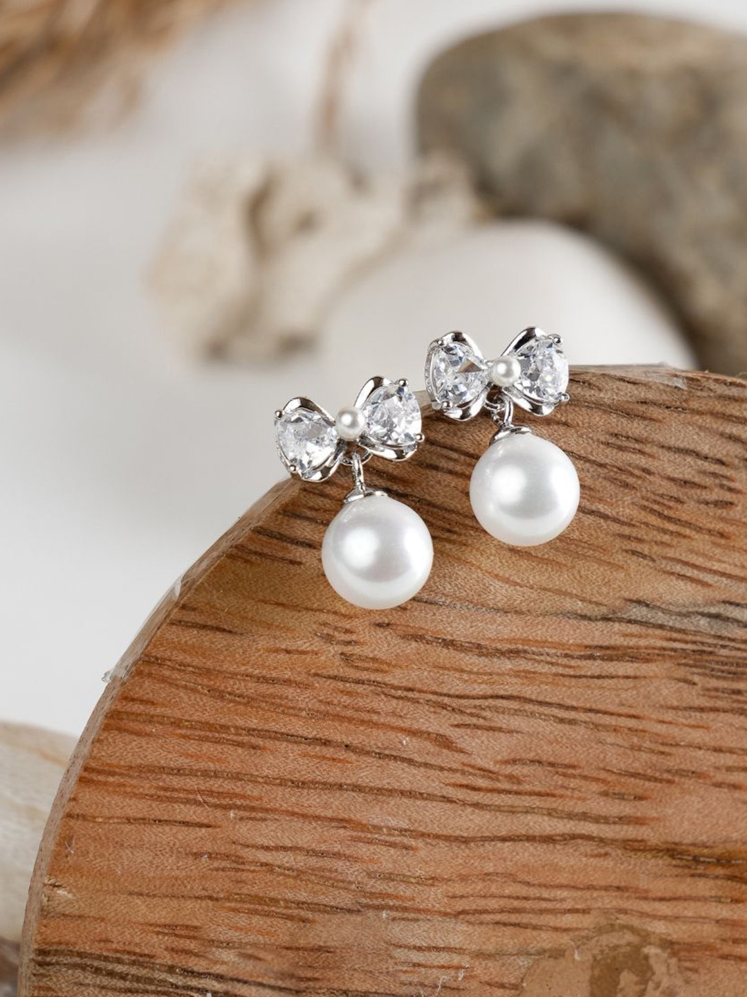 Tora 925 Silver Rhodium-Plated Cubic Zirconia Studded & Pearls Beaded Drop Earrings