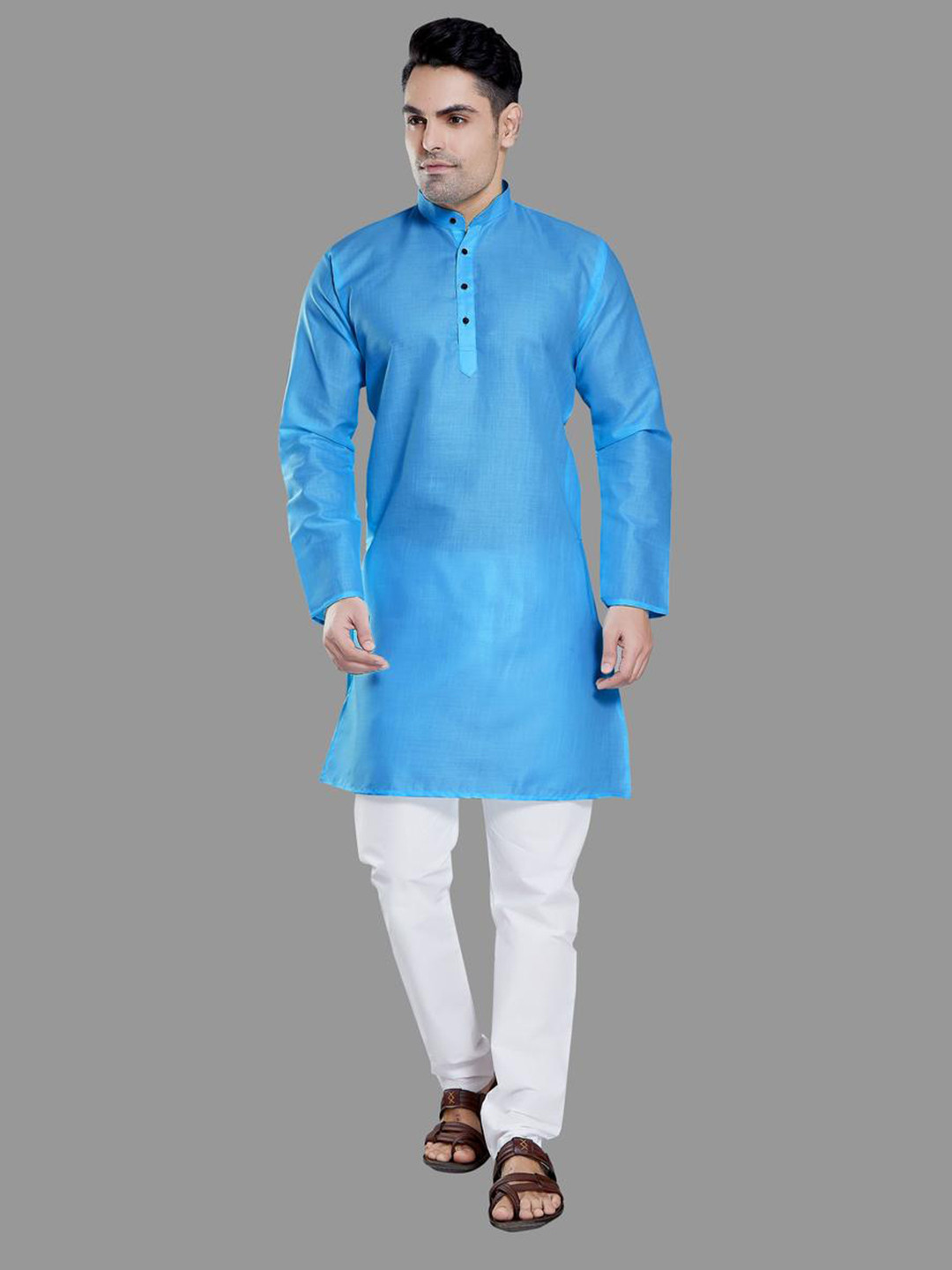 PulseIQ Blue Cotton Blend Solid Kurta Sets