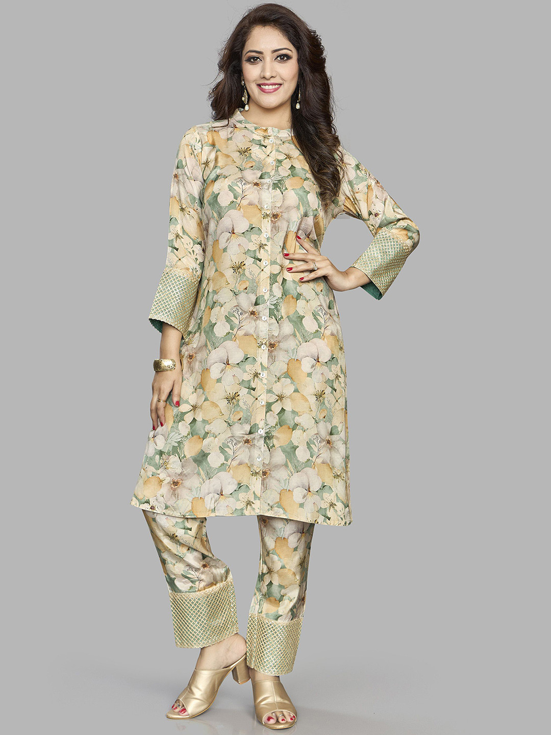 FANTASIA Printed Mandarin Collar Neck Top With Trousers Co-Ords