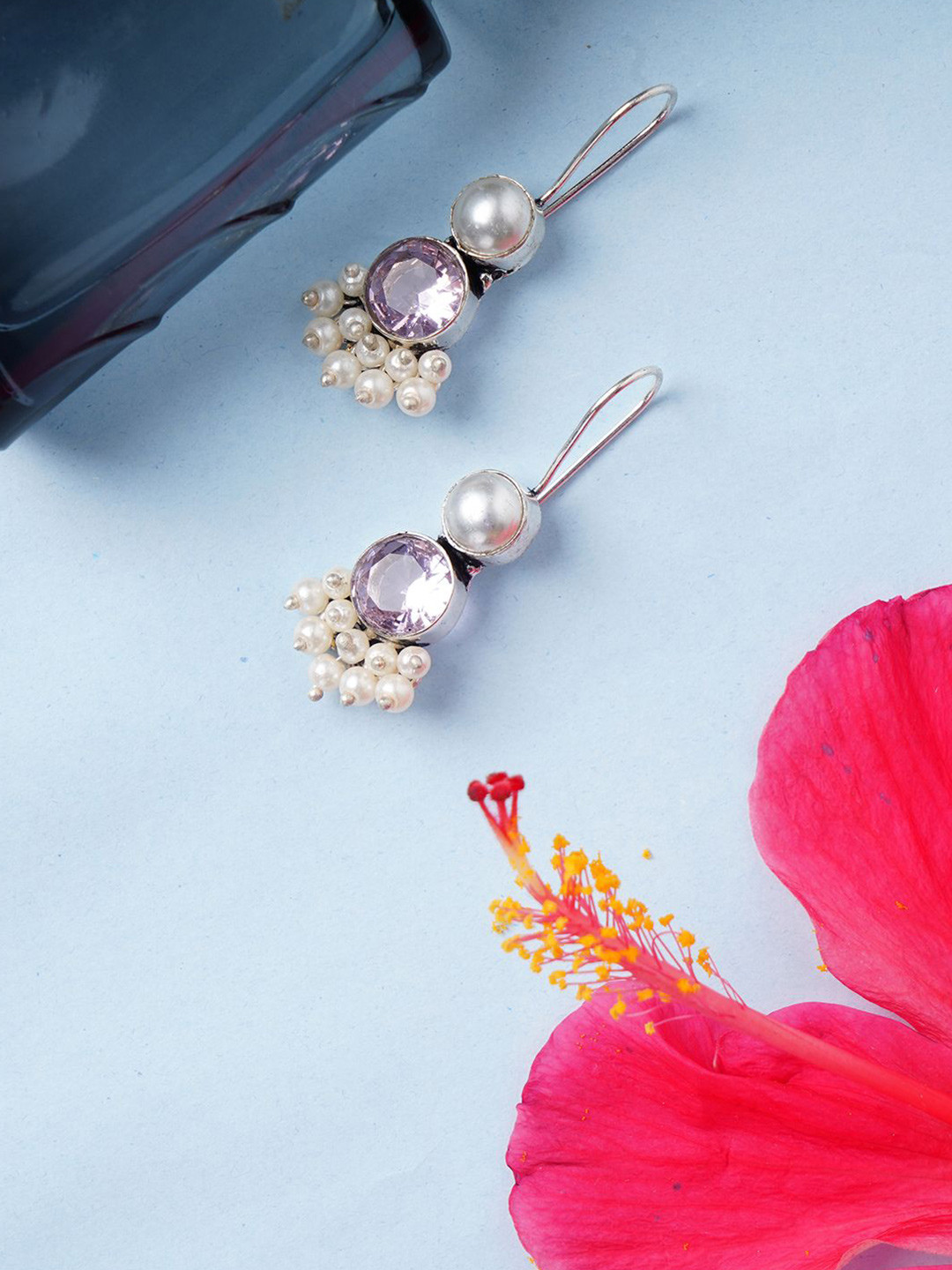 Bamboo Tree Jewels Artificial Stones Studded & Beaded Oxidised Circular Drop Earrings