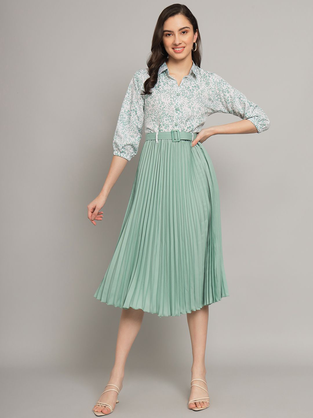 LookShine Floral Printed Shirt Collar Accordion Pleats A-Line Midi Dress