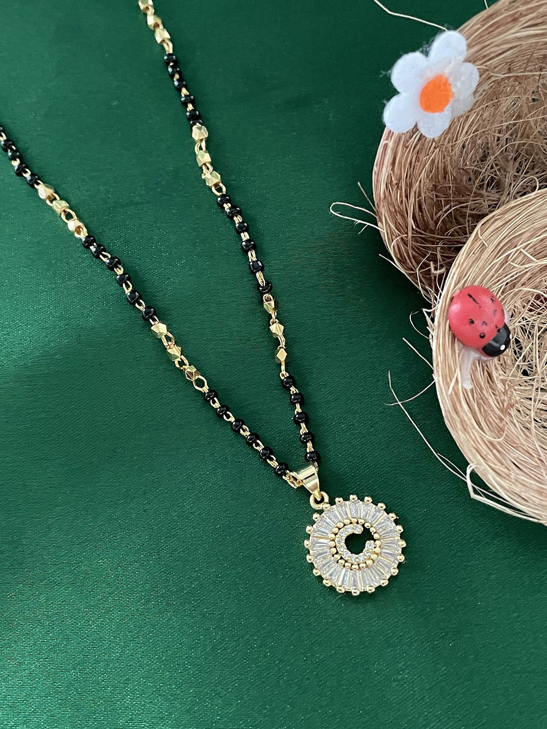 Digital Dress Room Gold-Plated C Letter American Diamond Studded & Beaded Mangalsutra
