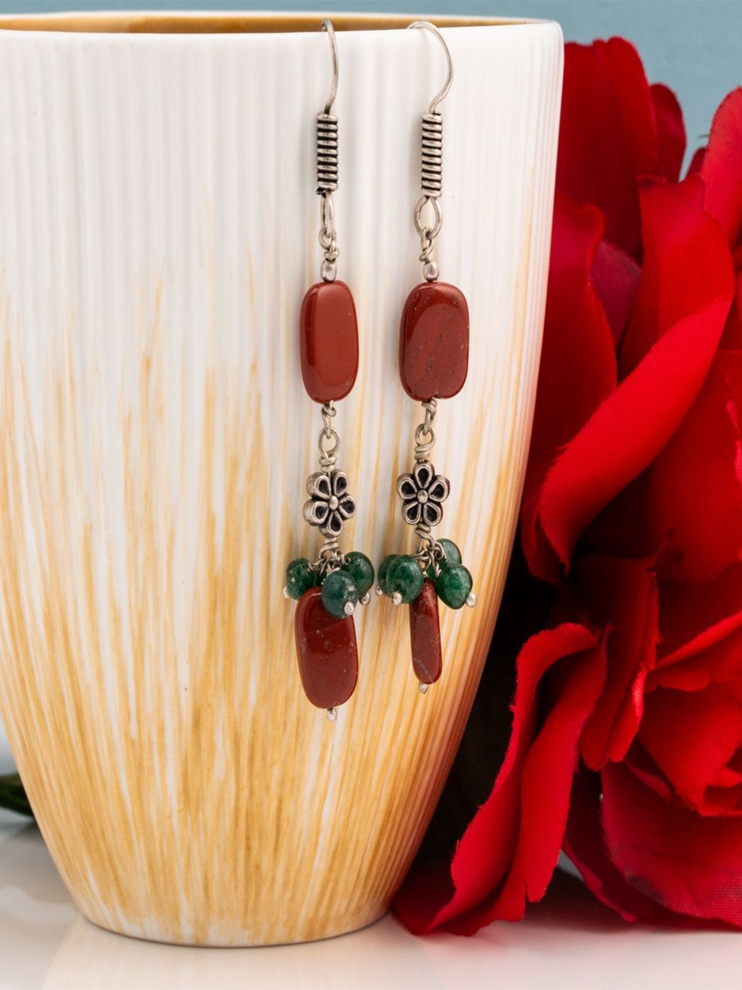 Shrim jewels Red Jasper & Green Aventurine Beads Oxidised Contemporary Drop Earrings