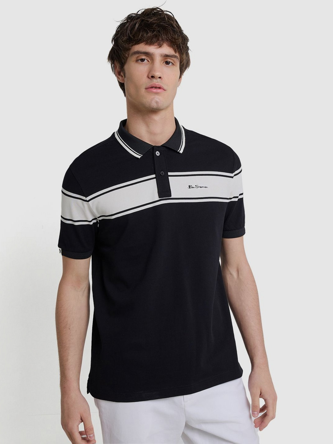 BEN SHERMAN Multi or Variegate Striped Printed Polo Collar Cotton T-shirt
