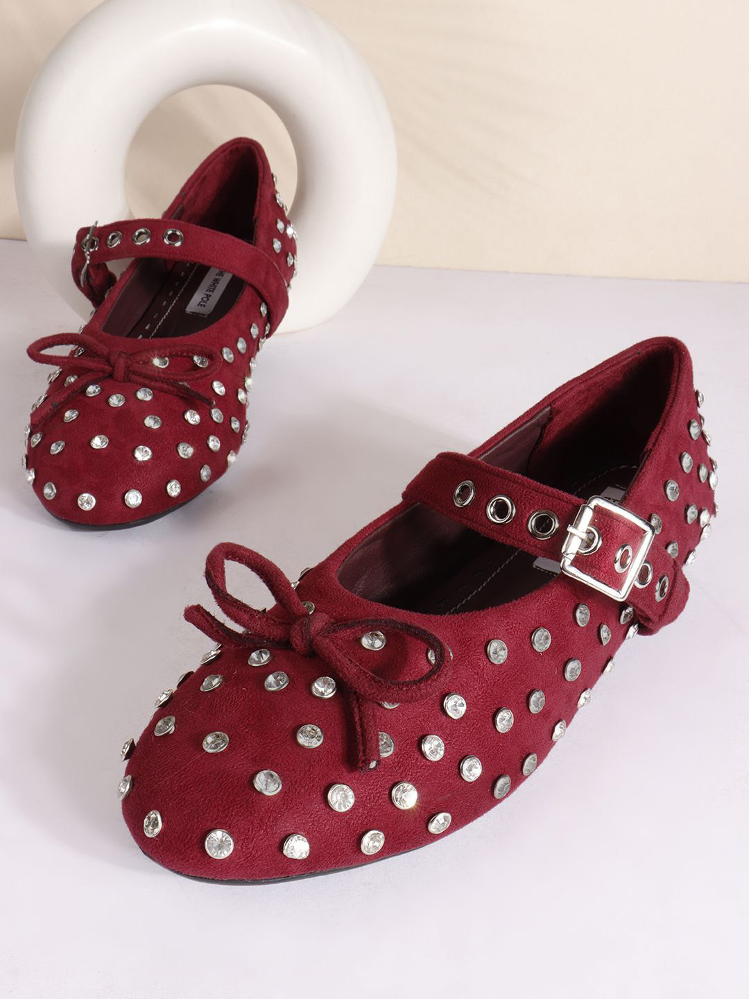 THE WHITE POLE Women Embellished Round Toe Bow Detail Mary Janes