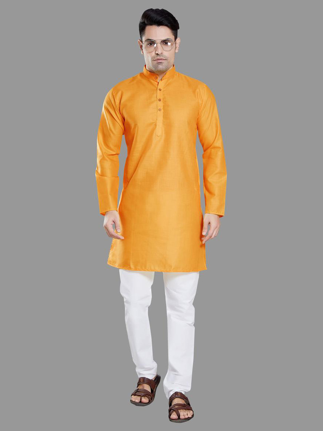 PulseIQ Mustard Cotton Blend Solid Kurta Sets