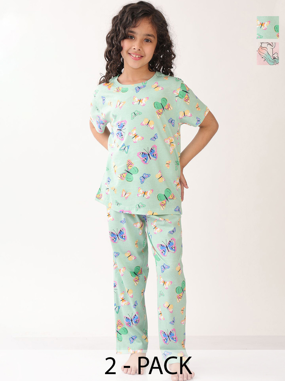 Anthrilo Girls Pack Of 2 Unicorn Star And Butterfly Short Sleeved T-shirt & Pyjama Set