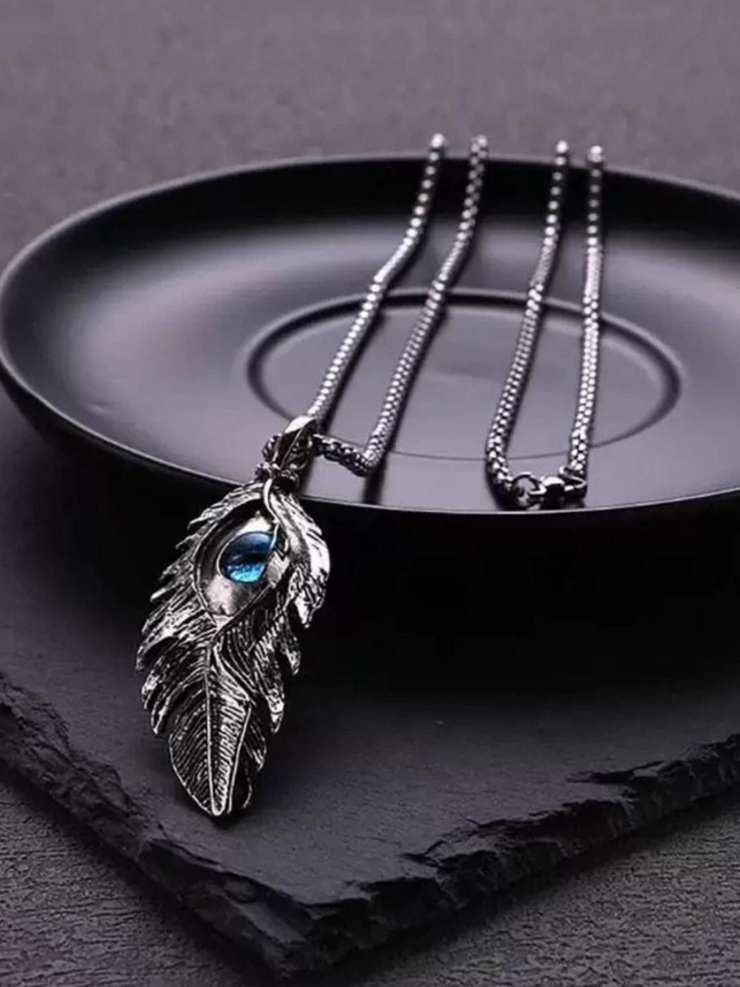 RSPR Stainless Steel Evil Eye Feather Shaped Pendant With Chain