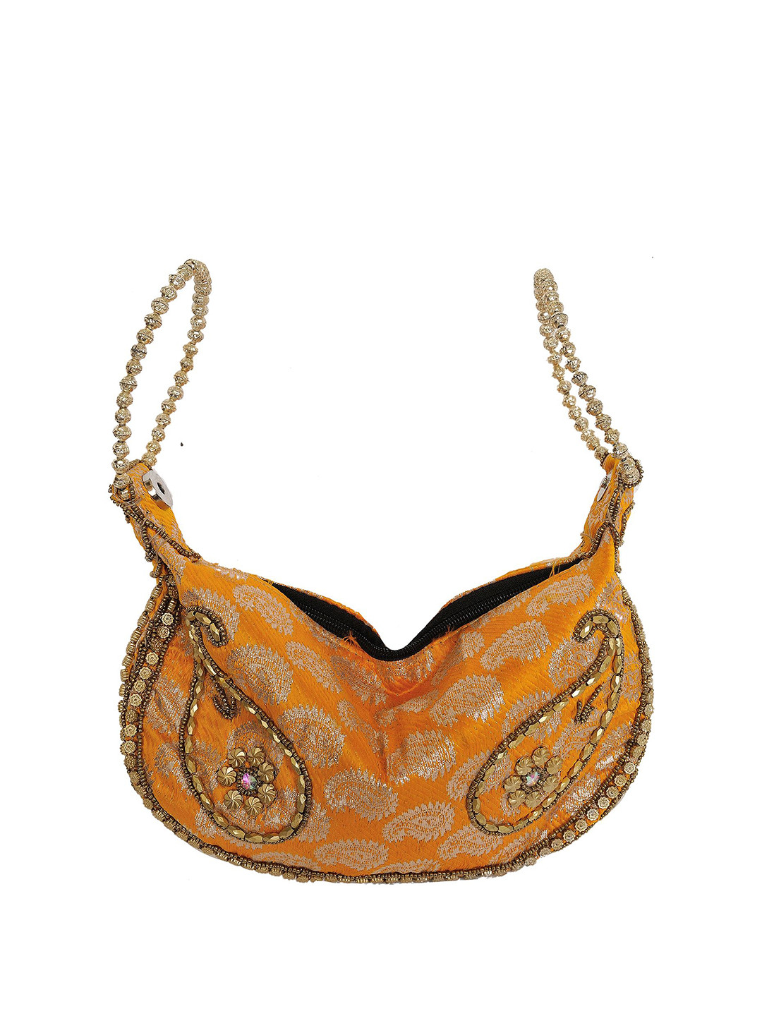 Exotic India Structured Handheld Bag with Brocade Weave and Embroidered Beads