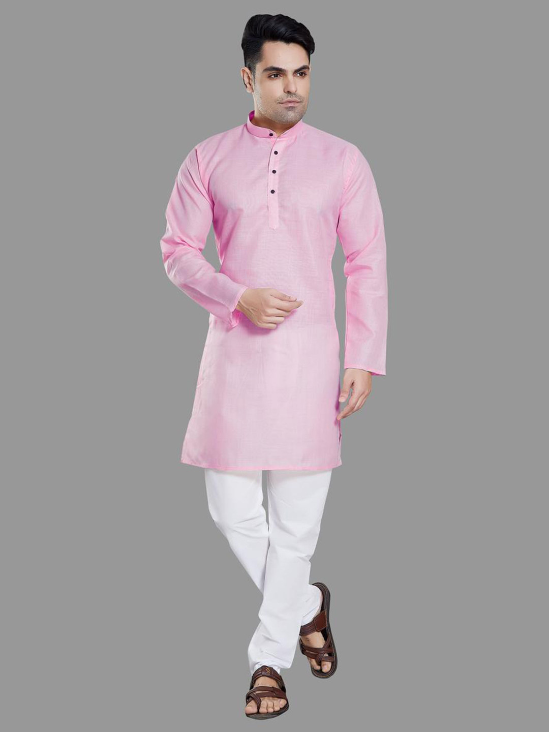 PulseIQ Pink Cotton Blend Solid Kurta Sets