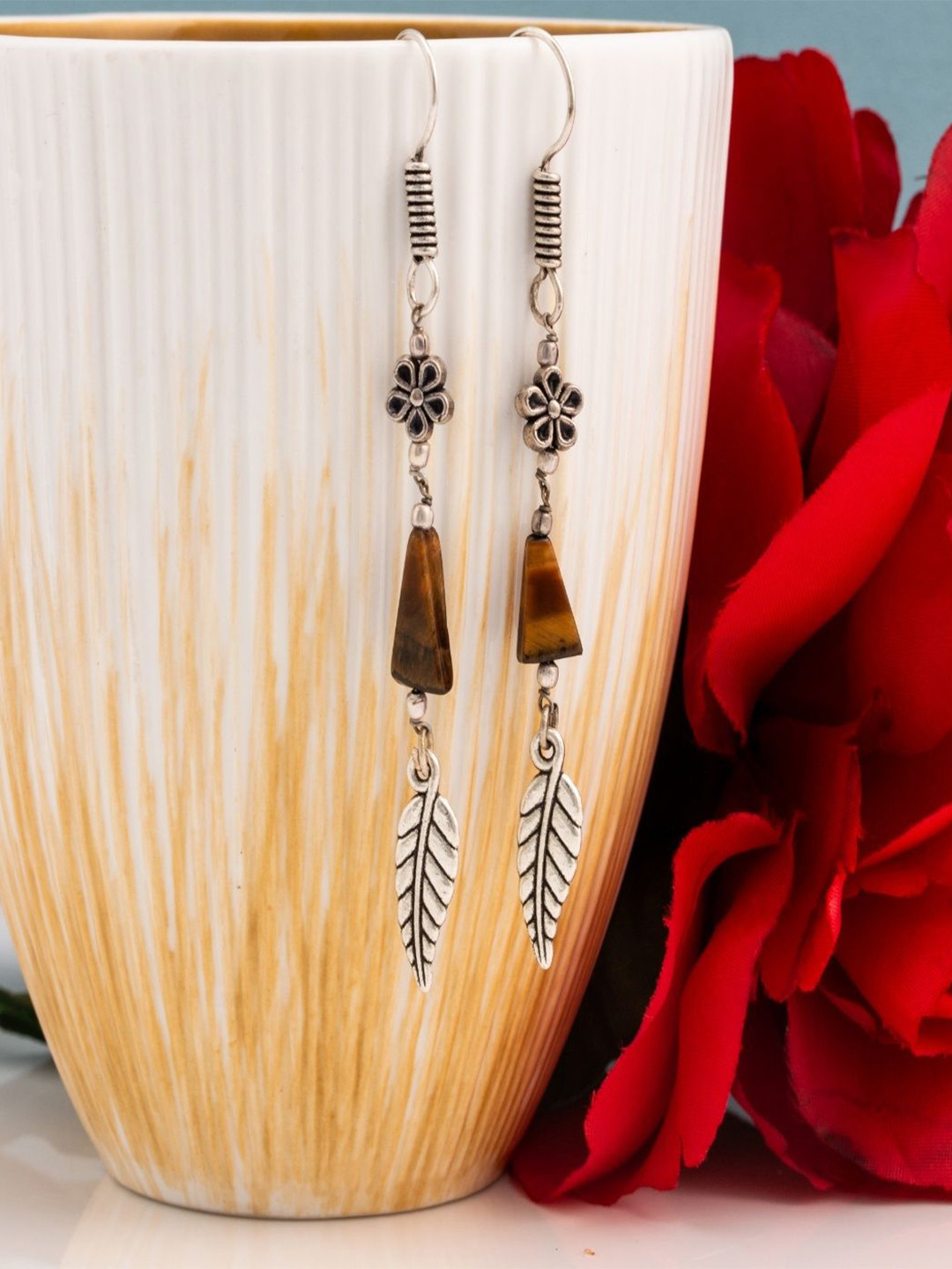 Shrim jewels Brass-Plated Tigers Eye Beaded Leaf Shaped Oxidised Drop Earrings