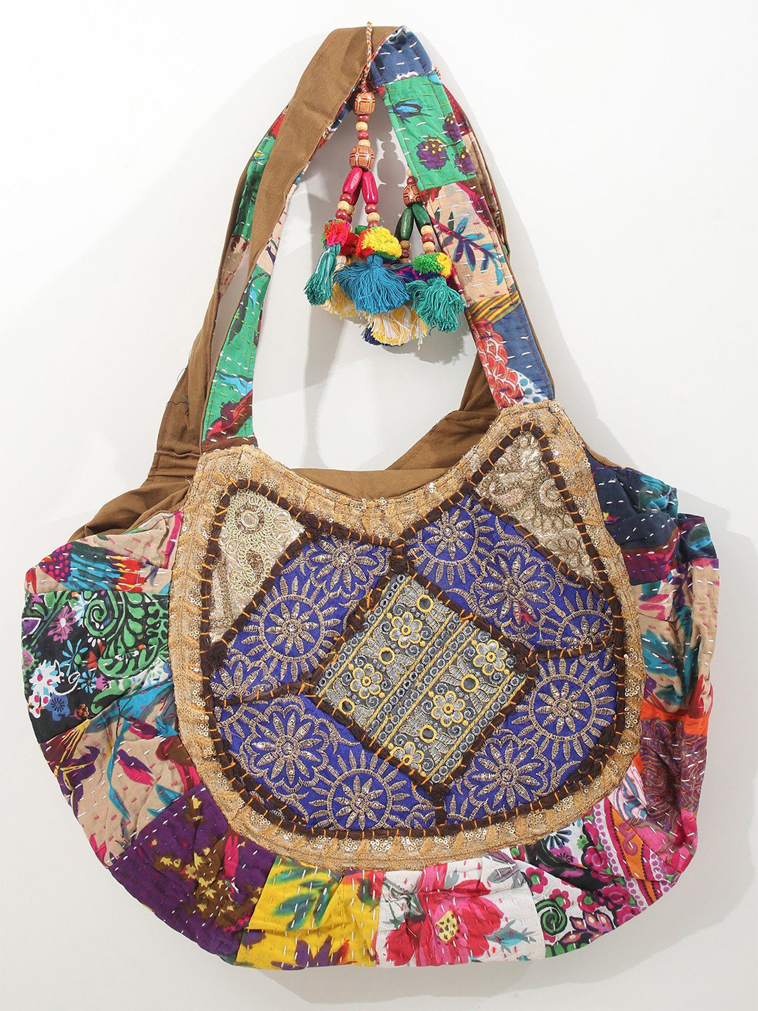 Exotic India Ethnic Motifs Patchwork Shopper Pure Cotton Shoulder Bag With Zari Embroidery