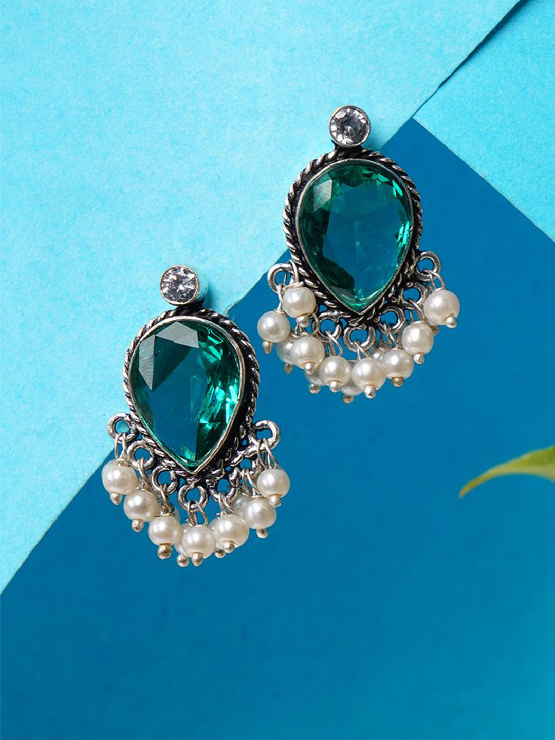 Bamboo Tree Jewels Crystals Studded And Pearls Beaded Teardrop Shaped Studs