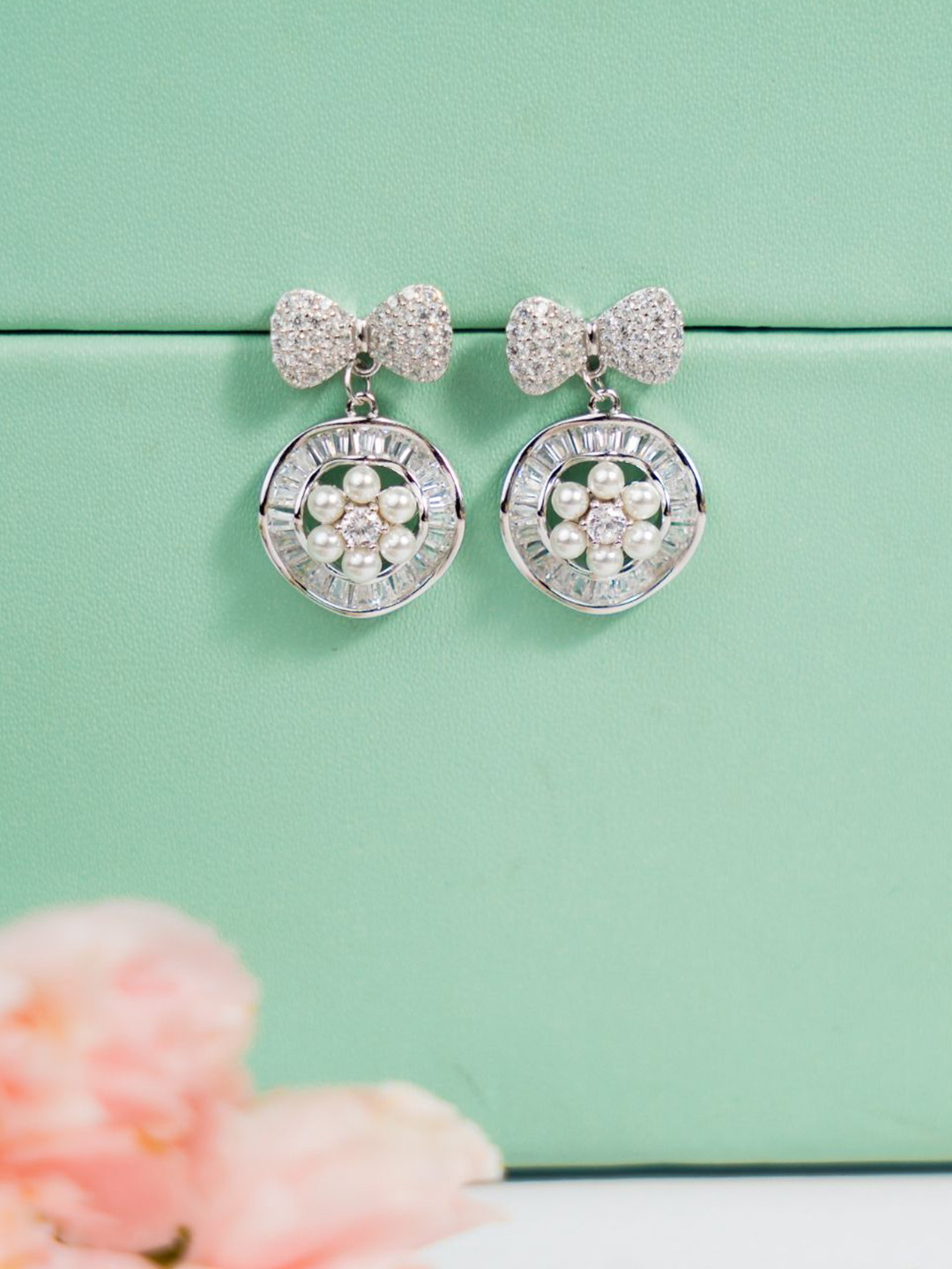 Tora 925 Silver Rhodium-Plated Cubic Zirconia Studded & Pearls Beaded Drop Earrings