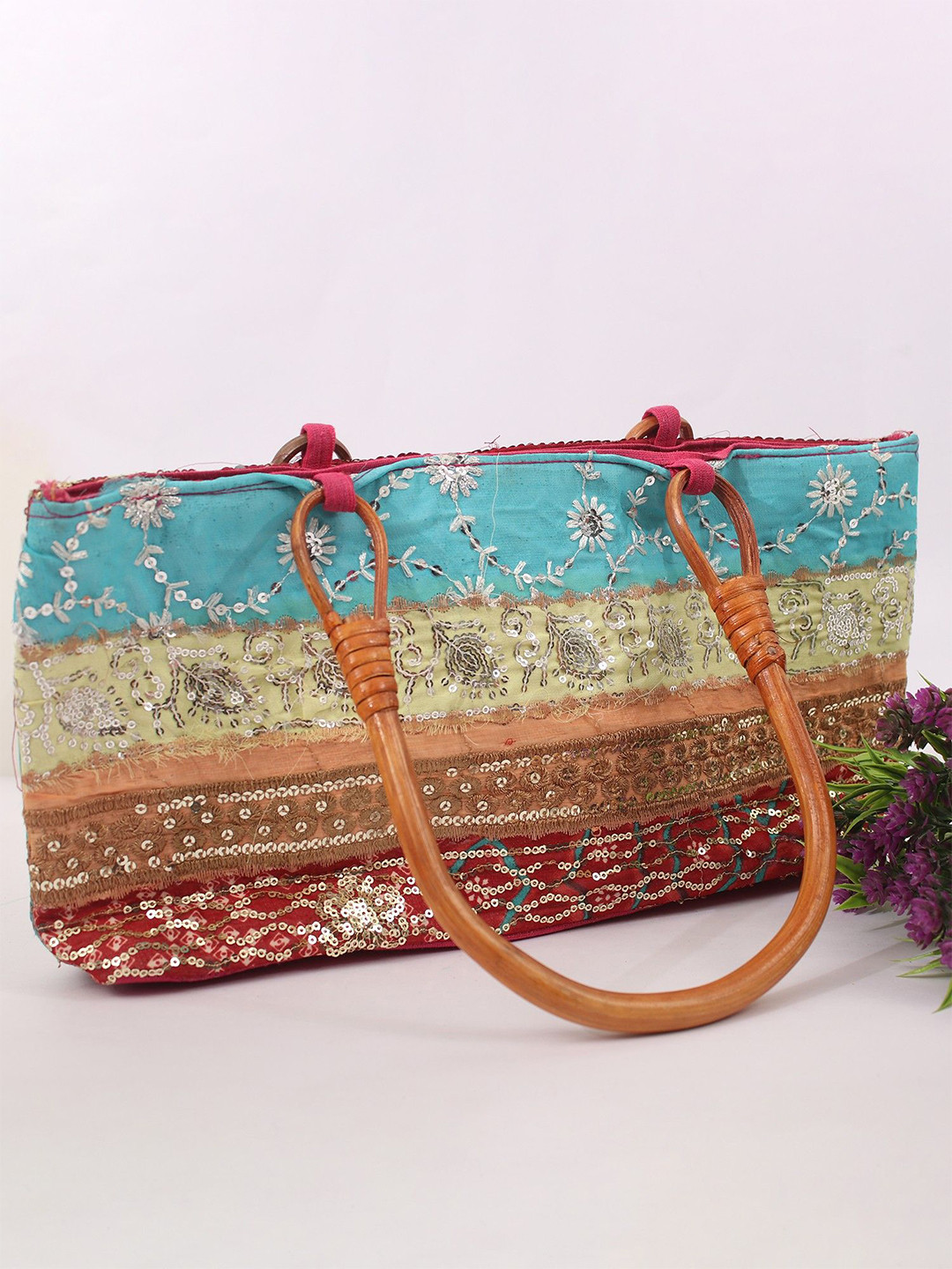Exotic India Rainbow Patchwork Zari-Sequins Floral Bag with Wooden Handle
