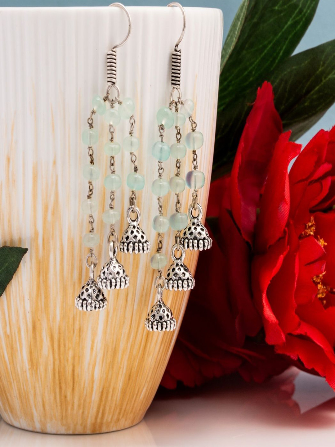 Shrim jewels Multi-Strand Onyx Beaded Oxidised Contemporary Drop Earrings
