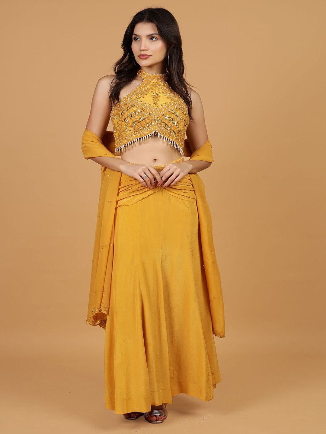 MILU MADAN Women Embroidered Flared Beads and Stones Blouse Lehenga With Dupatta
