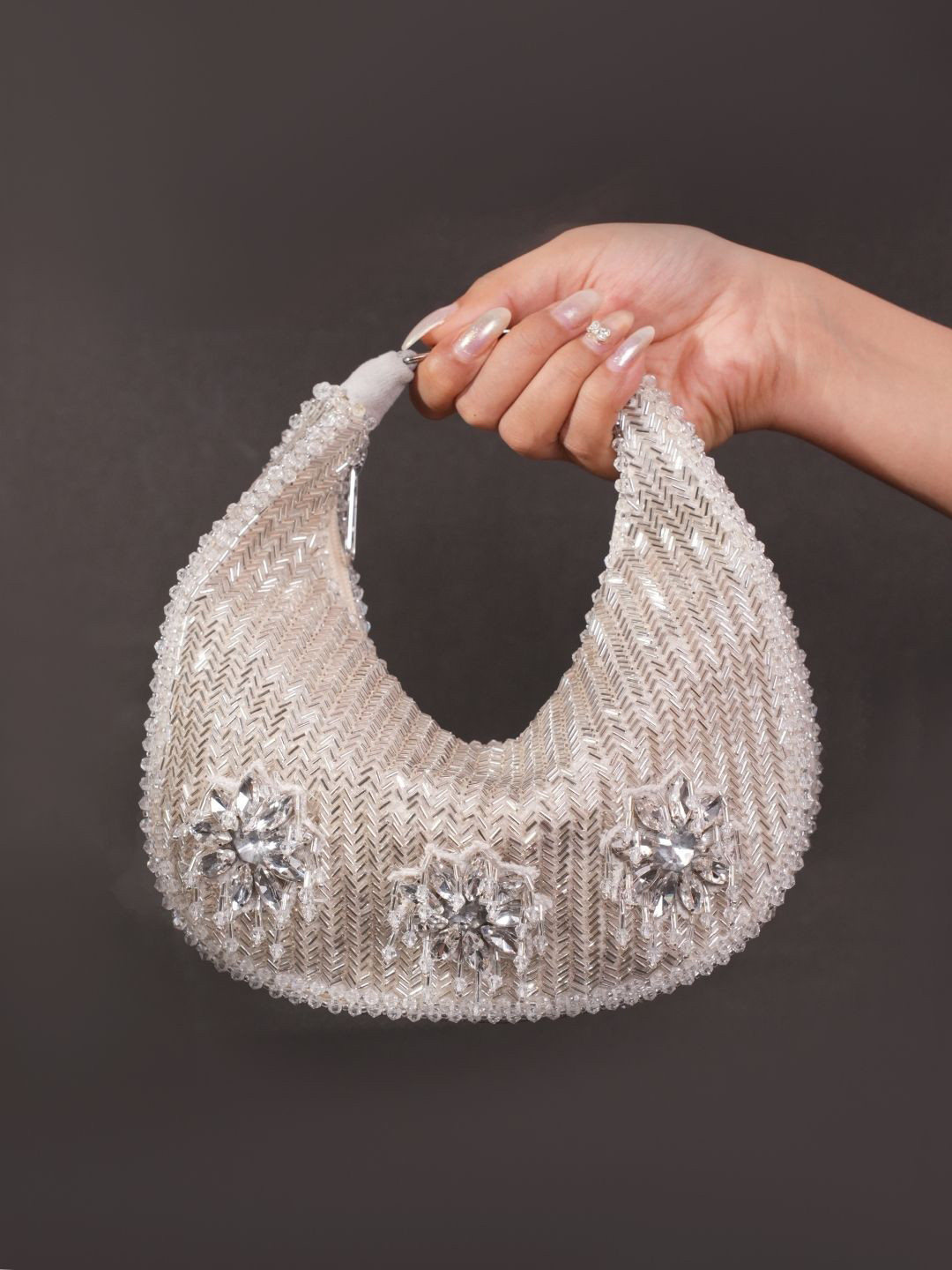 House of Kosha Elina Embellished Suede Half Moon Sling Bag