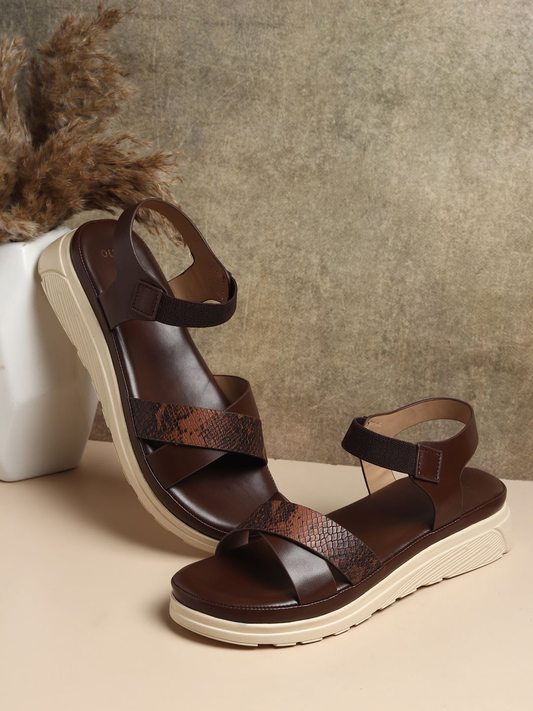 yoho Women SDL Brown & Beige Snakeskin Print Sandals