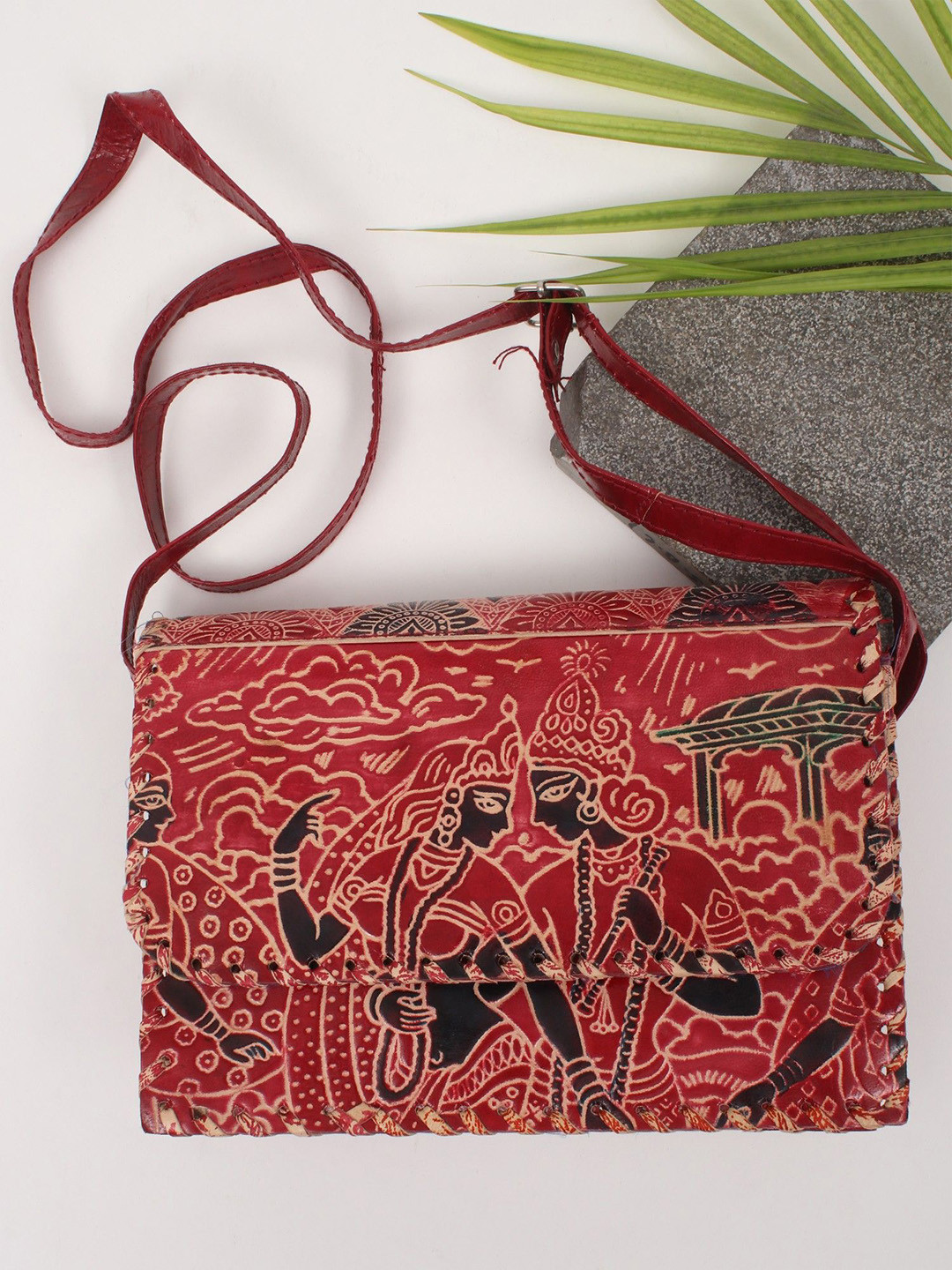 Exotic India Radha Krishna Printed Leather Swagger Sling Bag with Bow Detail
