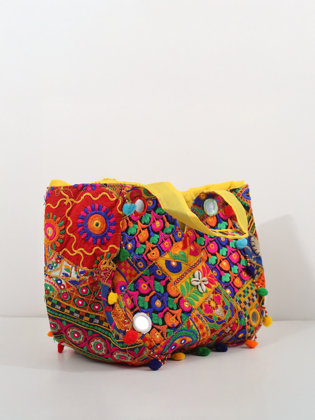 Exotic India Pure Cotton Shopper Bag from Kutch with Floral-Embroidery and Mirrors