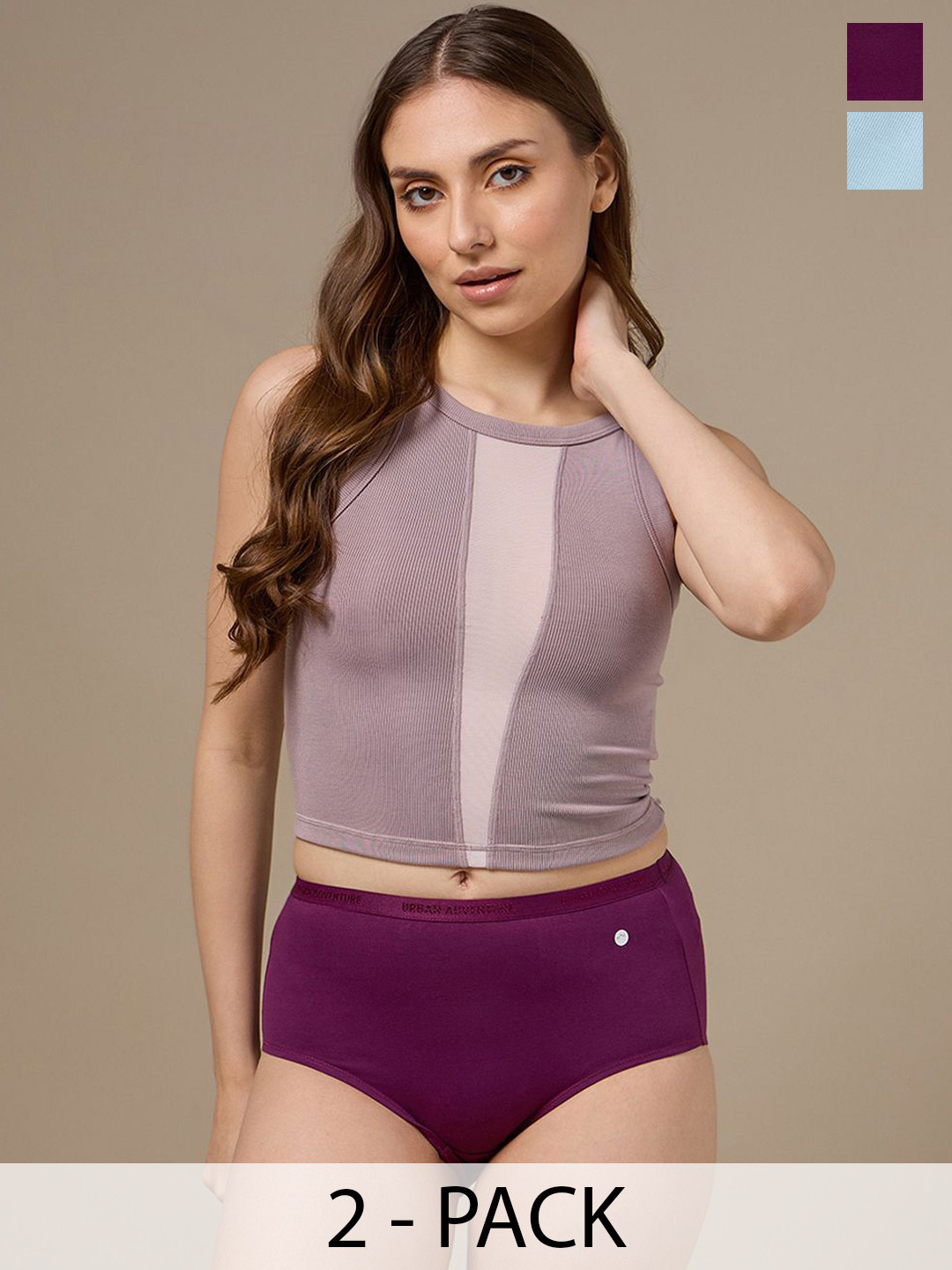 URBAN ADVENTURE Women Pack Of 2 High-rise Hipster Briefs + 2UAW-006(ICE BLUE-WINE)