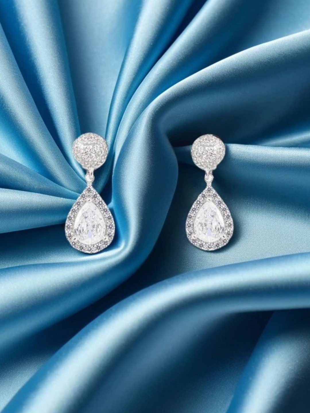 Tora 925 Sterling Silver Rhodium-Plated Cubic Zirconia Studded Teardrop Drop Earrings