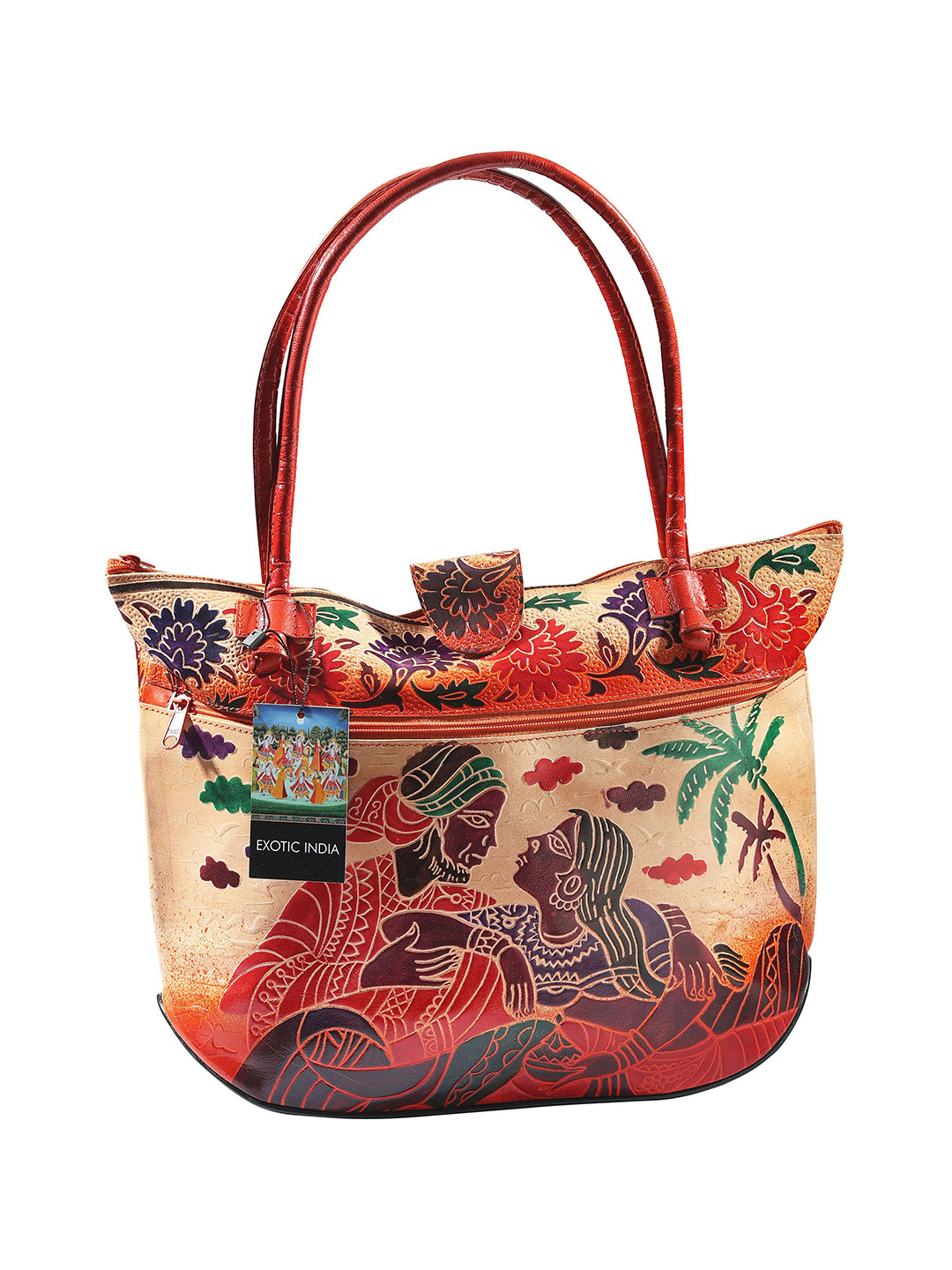 Exotic India Ethnic Motifs Printed Pure Leather Shopper Shoulder Bag