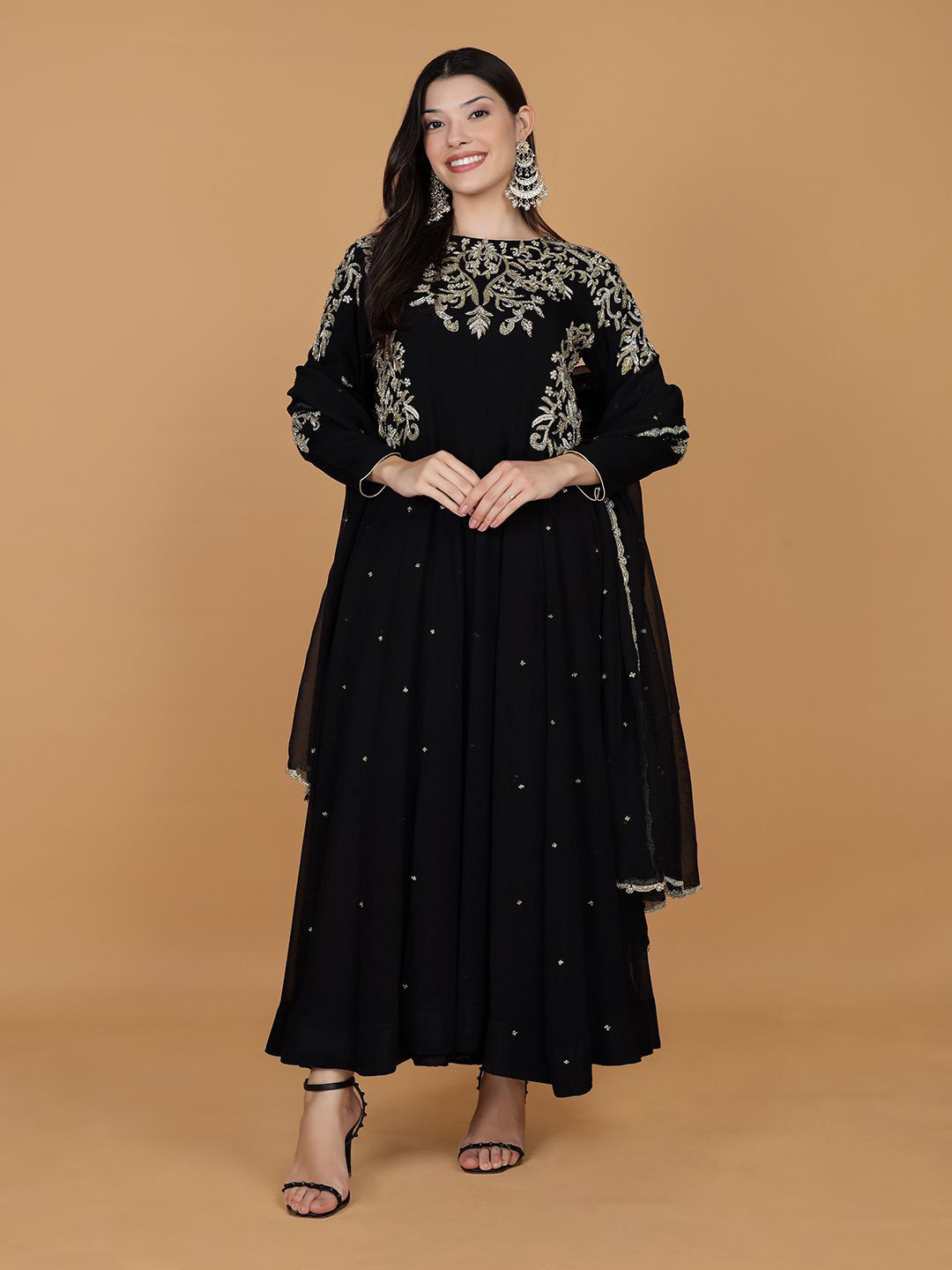 MILU MADAN Women Solid Embroidered Boat Neck Georgette Fit & Flare Maxi Ethnic Dresses