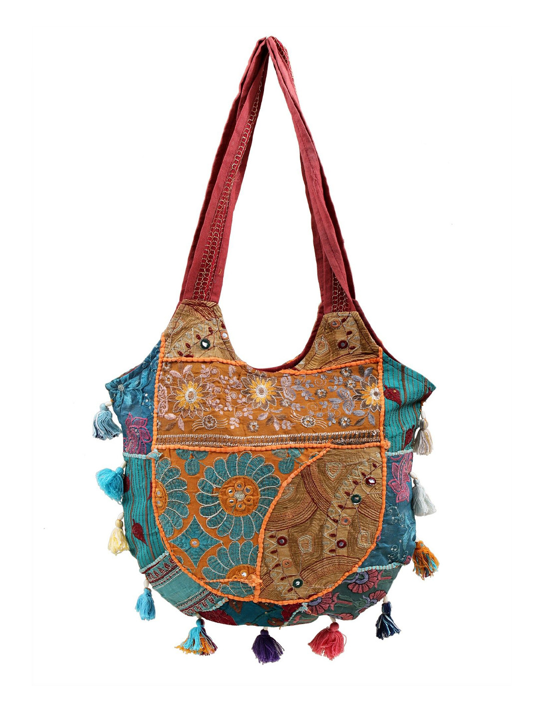 Exotic India Floral Embellished Shopper Shoulder Bag with Tassels
